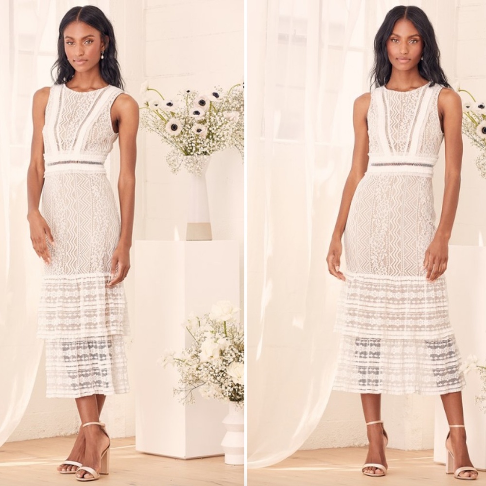 Garden Soirée White Lace Sleeveless Tiered Midi Dress